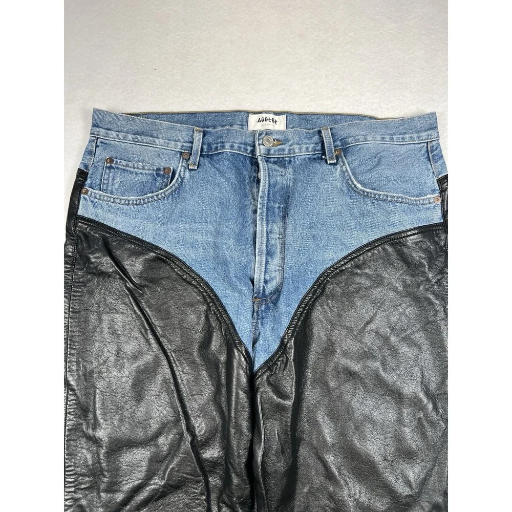 Agolde‎ Harley Denim And Leather Panel High Rise Straight Leg Jeans Blue Size 34